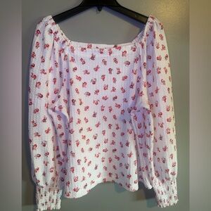 LOFT White Peasant Blouse with Red Floral Print square neck puff sleeve size XL